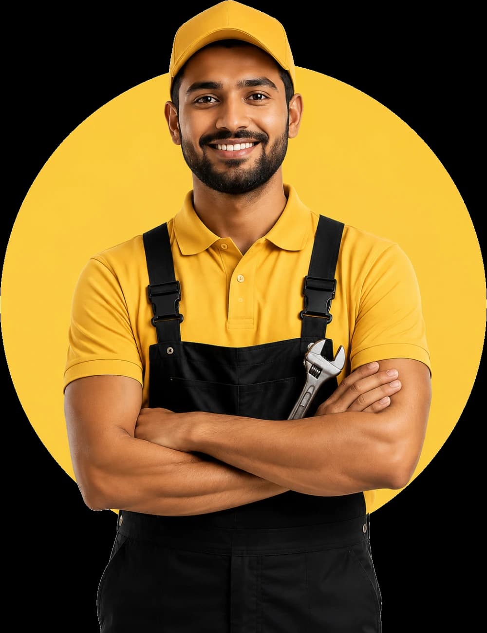 A verified WORKER professional in a yellow uniform, arms crossed, holding a wrench